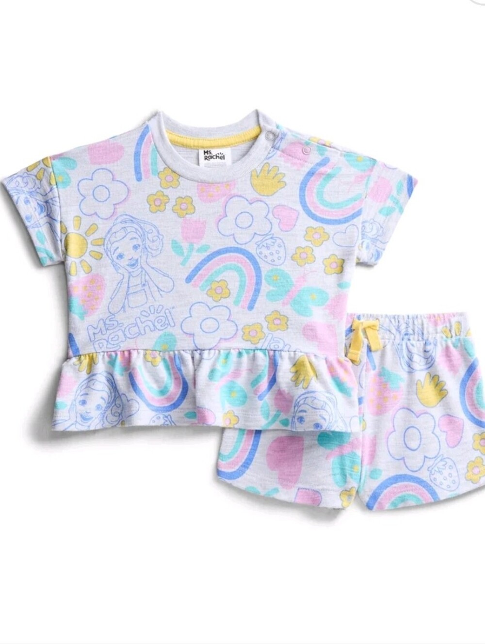 Ms. Rachel Baby Girls' Allover Print Short Sleeve Tee and Matching Shorts Set, 2